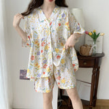 Pbong  Loose Floral Printing Pajama Set Summer New Women Night Wear Pj Set Half Sleeve Knee V-neck Sleepwear Femme Nightie