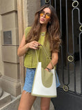 Solid Metal Single Breasted Knitted O-neck Vest Women Casual Hollow Out Sleeveless Cardigan Ladies High Street Knitwear