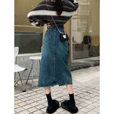Spring Women Mid Length Vintage Denim Skirt High Wasit Skirt Straight Front Zipper Slit Solid Color Buttons A-line Pencil Skirts