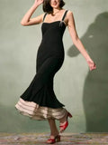New Summer Ruffle Patchwork Long Dress Sleeveless Square Collar Black Sexy Party Women Dress Bow Chic Fashion Fishtail Vestidos