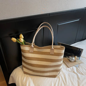 Pbong  Large Capacity Straw Woven Tote Bag Casual Shoulder Summer Travel Handbag Urban Minimalist Style Polyester Lining Zipper Opening