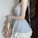 Pbong  Women Sweet Blue Plaid Dress Sexy Backless Spaghetti Strap Slip Dress Summer Preppy Style Pleated Layered Mini Party Vestidos