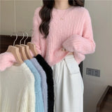 Fuzzy Knit Top Women Pullover Long Sleeve Plain Crop Sweate Pink Fluffy Jumper for Women Teen-girl Fall Winter Y2K Outfit