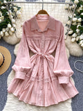 Gentle Korean Shirt Dress Female Single Breasted Lace Spliced Fashion Long Sleeve Women A Line Solid Autumn Chic Dress