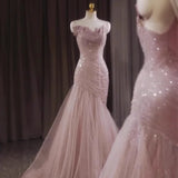 French Party Evening Dress Women's Tail Tail Tail Dress Pink Strap Elegant Host Long Style Adult Gift Customized Wedding Dress