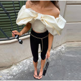 Pbong  Satin Off-Shoulder Top with Oversized Bow Detail Slim Fit Short Sleeve Summer Women Party Top Elegant Retro Lady Blouse