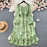 Pbong  Women Dress Spring and Autumn Fashion Print Floral Elastic Waist A-line Chiffon Dress Korean Beach Long Robe Femme
