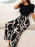 Pbong  Summer New Style Women's Casual Pants Printed Chiffon Slim Fit Top Set Comfortable Leisure Polyester Fiber Three Quarter Sleeve