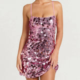 Pbong  Women Sequin Mini Dress Lady Spaghetti Strap Lace-Up Back Dress Coquette Aesthetic Large Paillette Party Night Out
