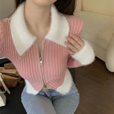 Y2K Zipper Front Rib Knit Top for Women Contrast Fuzzy Collared Zip-Up Sweater Crop Cardigan Autumn Winter Teen-girl 90s Outfit