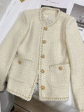French Sweet Tweed Jacket Women O Neck Elegant Slim Long Sleeve Coat Vintage Casual Single Breasted Female Fall Winter Tops