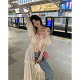 Sweet Ruffles Dress Women Y2K Slash Neck Bandage Robe Vintage Streetwear Hollow Out Dresses Korean Tunic Maxi Vestidos New