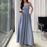 Vintage Plaid Dress Women Summer Korean Elegant Tube Top All-Match Midi Dress Y2K Folds Off Shoulder Holiday Beach Vestidos
