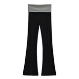 Pbong  Casual Yoga Pants Women ContrAst Wide Waistband Knitted Flare Leg Pants Pink Flared Leggings Sweat Black Pants Colorblock Ribbed