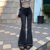 Woman High Waist Vintage Casual Flare Jeans Girls Elastic Slim Fit Bell Bottom Pants Lady Fashion Blue Black Grey Denim Trousers