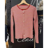 Vintage Brown Striped Slim T-shirts Women 2024 Summer Y2k Streetwear Round Neck Long Sleeve T Shirt Harajuku Casual Cotton Tops