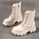 Pbong  New Fashion Winter motorcycle Boots For Women Lace-up Mid-calf Boots Black White Winter Spring Pu Hiking Shoes