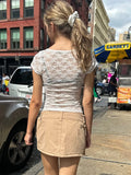 White Lace Sexy Transparent Crop Top Summer Short Sleeve Crew Neck Thin Streetwear T-shirt Women Casual Chic Cute Tees Tops 2023