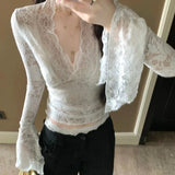 Women's Long Sleeve Lace Top V-neck Flared Sleeve Sheer Lace Crop T-shirt Teen-girl Coquette Fairycore Y2K Outfit