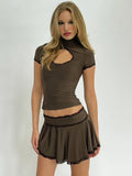 Brown Skirt Two Piece Sets Women Hollow Out Turtleneck Short Sleeve T-shirt And Mini Skirt Femme Sexy Skirt Sets New