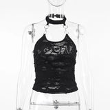 Gothic Halter Crop Top Women Vintage Cyberpunk Y2K Backless Ring Tank Top Sexy Harajuku O-Neck Bodycon Basic Tops