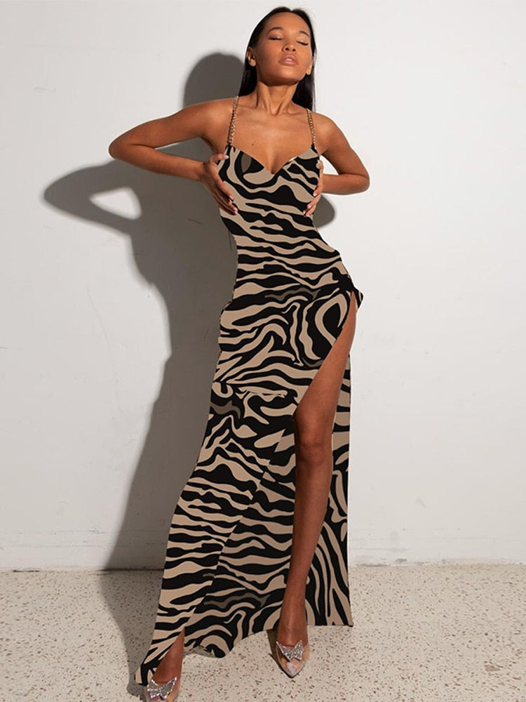 Leopard Print Women Chain Strap Side Slit Maxi Dress Backless Bodycon Sexy Streetwear Festival Evening Elegant