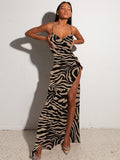 Leopard Print Women Chain Strap Side Slit Maxi Dress Backless Bodycon Sexy Streetwear Festival Evening Elegant