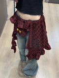 Pbong  Y2k Aesthetic Plaid Irregular Ruffled Skirts Vintage Women Streetwear Letter Print Faldas Harajuku Grunge Casual Bandage Skirt