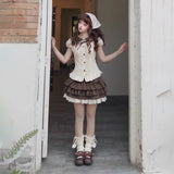 Brown Women Plaid Skirts Kawaii Lolita Sweet Mini Skirts Vintage Lace Patchwork Cute Fashion High Waist Layered Skirt