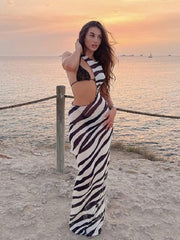 Zebra Print Beach Dress Women Bikini Cover Up Sexy Mesh See Through Long Dress Summer Fashion Cut Out Bodycon Dress New