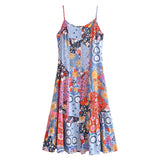 Pbong  Contrast Color Flower Print Midi Long Sling Dress Hippie Women Single-breasted Buttons Ruffles Hem Slit Robe Holiday