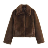 Pbong  Loose Brown Faux Fur Collar Jacket Short Outerwear Women's Fashion Autumn New Style Artificial Leather Coat Full Sleeve