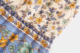 Pbong  Blue Floral Print Midi Skirt Spliced Ruched Ruffle Hem Hippie Women Tassel Bow Elastic Waist Swing Skirts Holiday