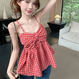 Streetwear Gyaru Tanks Sleeveless Plaid Patchwork Folds Summer Female Slim Tops All Match Fashion Vintage Women's Clothing