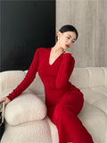 Solid Color Basic Simple Knitting Long Dress New V-neck Slim Fashion Autumn Women's Dress Sexy Chic Tight Female Winter Vestidos