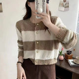 Women's Acrylic Long Sleeve O-Neck Button-Down Striped Cropped Knit Cardigan Ladies Autumn Winter Korean Fashion Knitwear