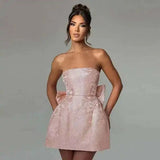 Jacquard Waist Wrap A-line Dress Women Mini 2024 Spring Summer Dress Elegant Bow Backless Sexy Party Dresses