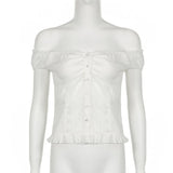 Pbong  Fashion Off The Shoulder Lace Patchwork White Blouse Women's Chic Single Breasted Slimming Tops Y2K Aesthetic Shirts New