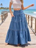 Pbong  Women's Denim Long Skirt High Waist Layered Ruffle Flowy A-Line Jean Skirt for Summer Fall