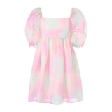 Pbong  Women's Short Puff Sleeve Off Shoulder Square Neck Fairy Mini Tie Dye Party Prom High Waist Tulle Princess Dress