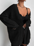 Spring women's solid color twist element loose mid-long pocket knitted cardigan coat