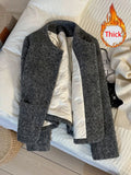 Vintage Faux Woolen Coat Women Warm Winter Thick Long Sleeve Gray Cotton Jacket Female Retro O Neck Pockets Casual Tops New