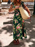 Pbong  French Retro Floral Print Maix Dresses for Women Square Collar Bow Strap Slimming Slit Design for Beach Vacations