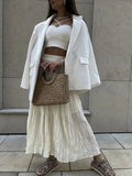 2025 New Beige Long Skirt For Women Casual Solid Color Elastic Waist Pleated Spring Summer Skirt Fashion Simple Woman Clothing