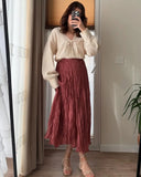 2025 New Beige Long Skirt For Women Casual Solid Color Elastic Waist Pleated Spring Summer Skirt Fashion Simple Woman Clothing