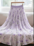 Purple Floral Chiffon Long Skirt Women High Waist Sweet Vintage Elegant Skirts Korean Casual Summer Soft Retro Long Skirts