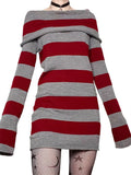 Pbong  Women Autumn Dress Striped Boat-Neck Long Sleeve Bodycon Short Dress Y2K Gothic Wrapped Hip Party Dresses