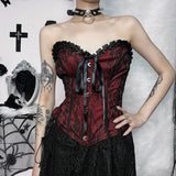 Pbong  Tube Top Gothic Printed Lace Trim Sleeveless Metal Buttons Lace-up Corsets Tank Top Court Elegant Fairy Grunge Top