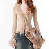Y2k Aesthetic V-neck Jacket Women Korean Sexy Fashion Cardigan  Harajuku Vintage Bandage Fur Patchwork Coat Spring Chic