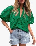 Pbong  Fashionable Casual Lace Embroidery Women's Shirt V-Neck Button Hollow out Lantern Sleeve Summer Top Cross-Border Clothing
